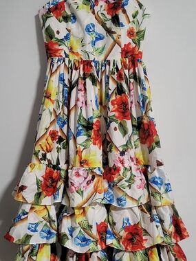White Floral Tiered Sundress with Red, Yellow & Blue Blooms